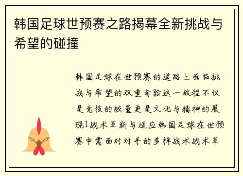 韩国足球世预赛之路揭幕全新挑战与希望的碰撞