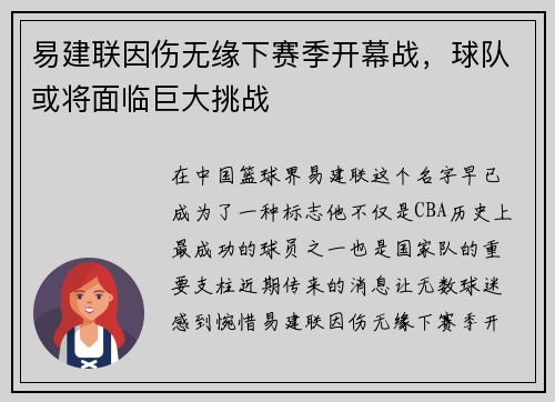 易建联因伤无缘下赛季开幕战，球队或将面临巨大挑战